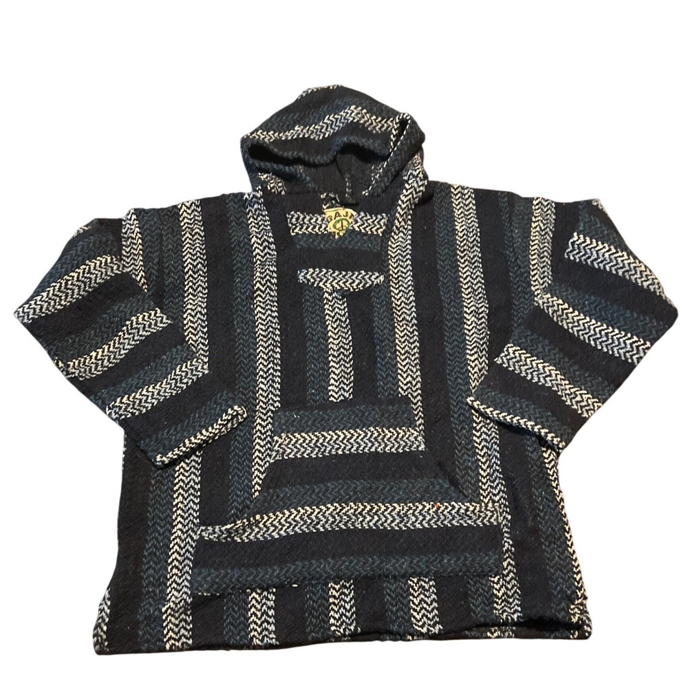 Baja Joe‎ Hoodie Baja Hoodie Pullover Striped Blue White Black Long Sleeve